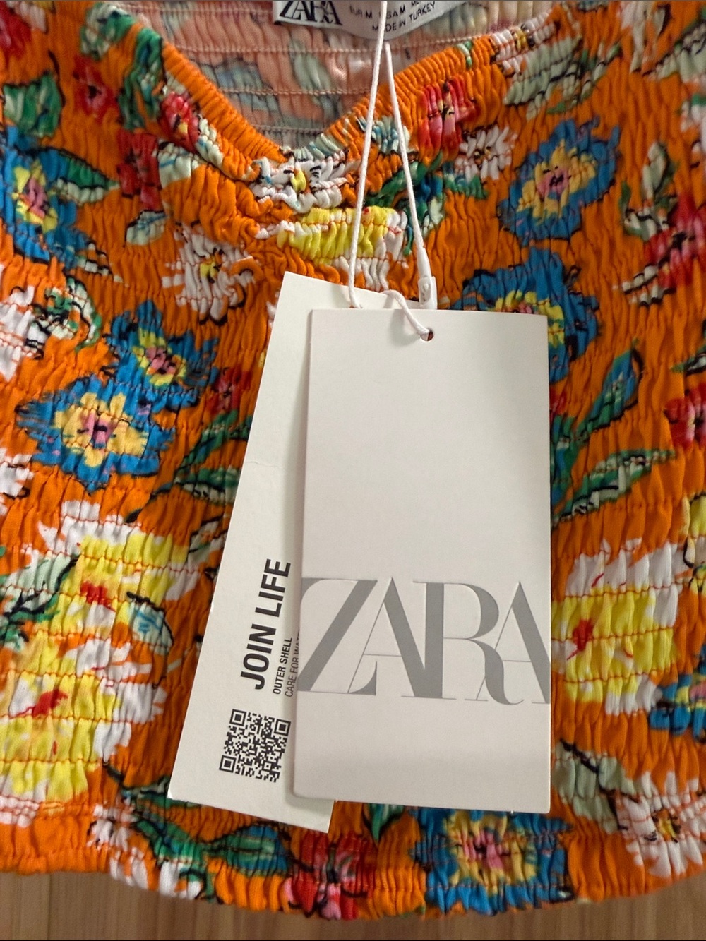 NWT ZARA Size M Orange Floral Smocked Puff-Sleeve Crop Top Peasant Prairiecore - Picture 5 of 10